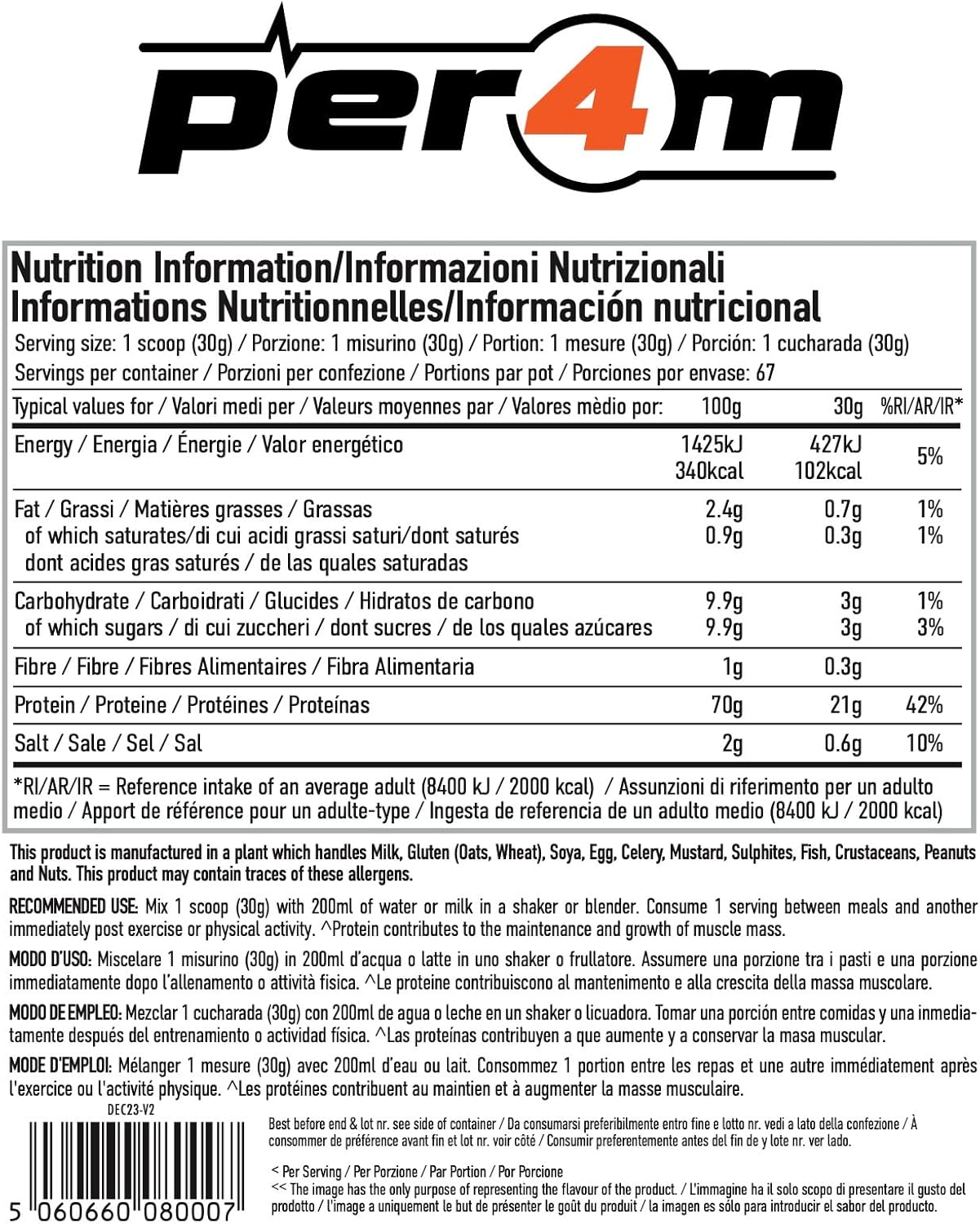 Nutrition information label for a product with 'per4m' branding.