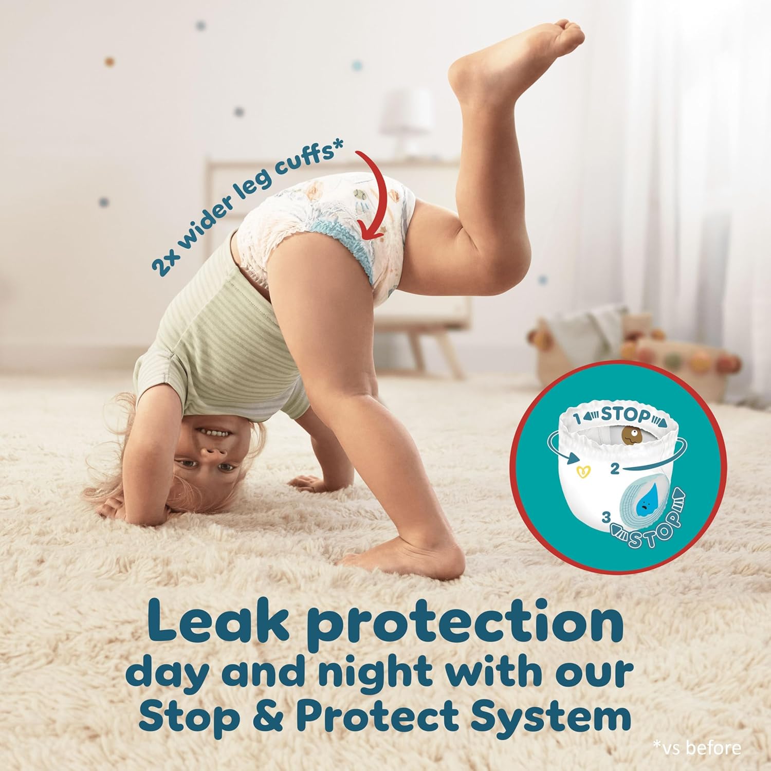 Lifestyle/use image: Pampers Baby-Dry Pants Size 6 108 nappies baby wearing nappy pants