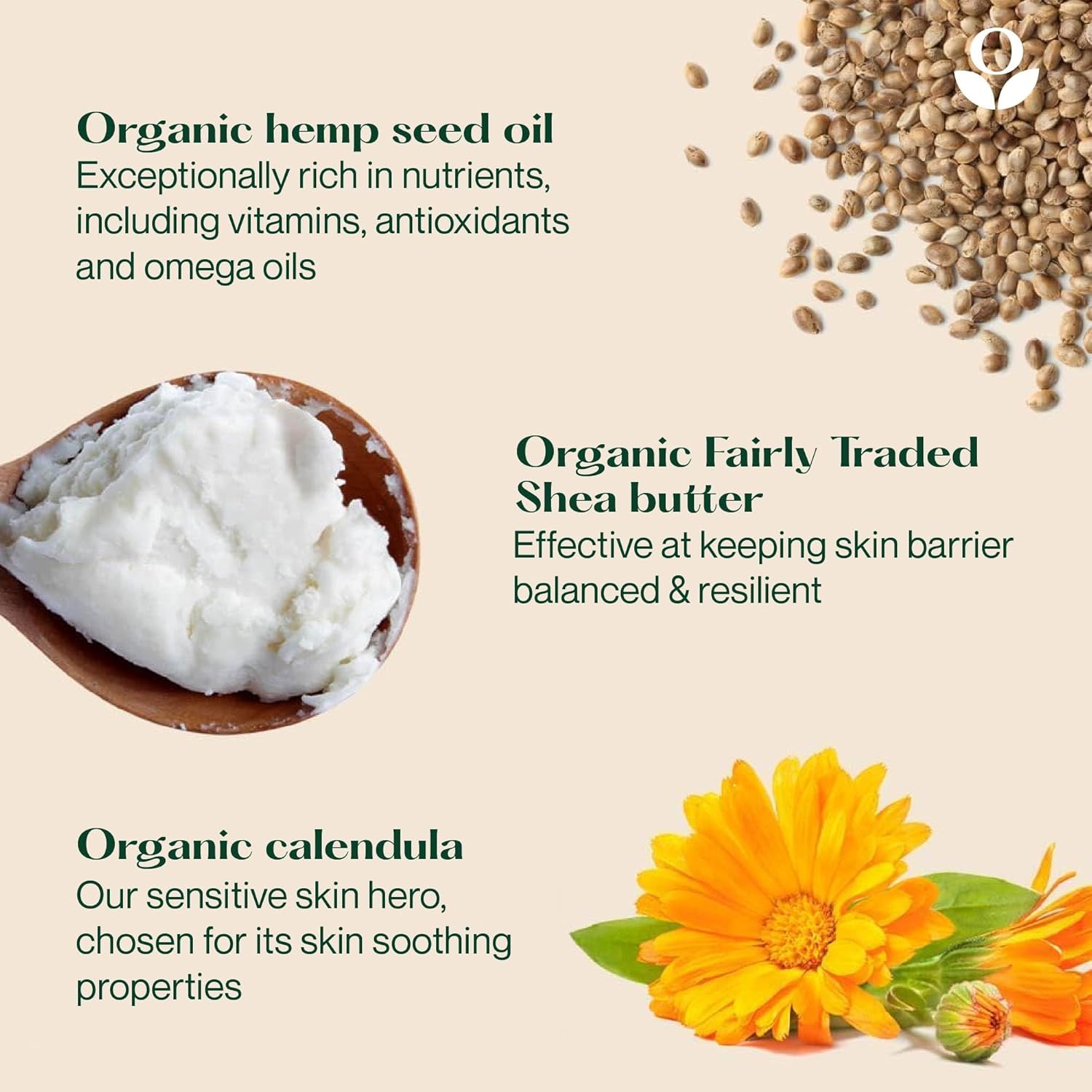 ingredients image: Balmonds Daily Moisturiser 100ml ingredients shea butter hemp seed oil calendula
