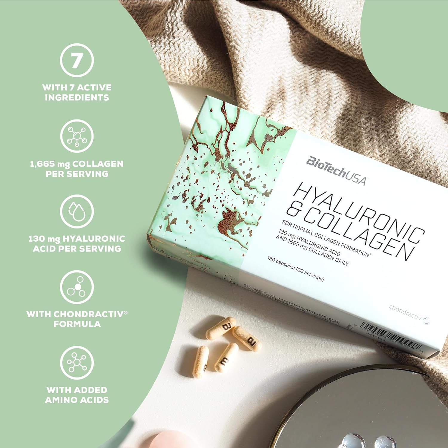 BioTechUSA Hyaluronic and Collagen supplement facts capsules 120 count quantity