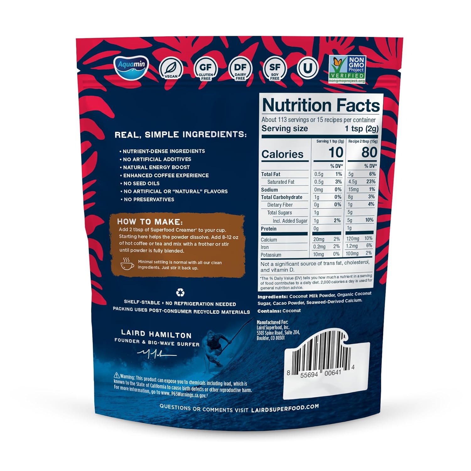 Laird Superfood mocha coffee creamer ingredients, barcode & nutrition facts label 227g on white background