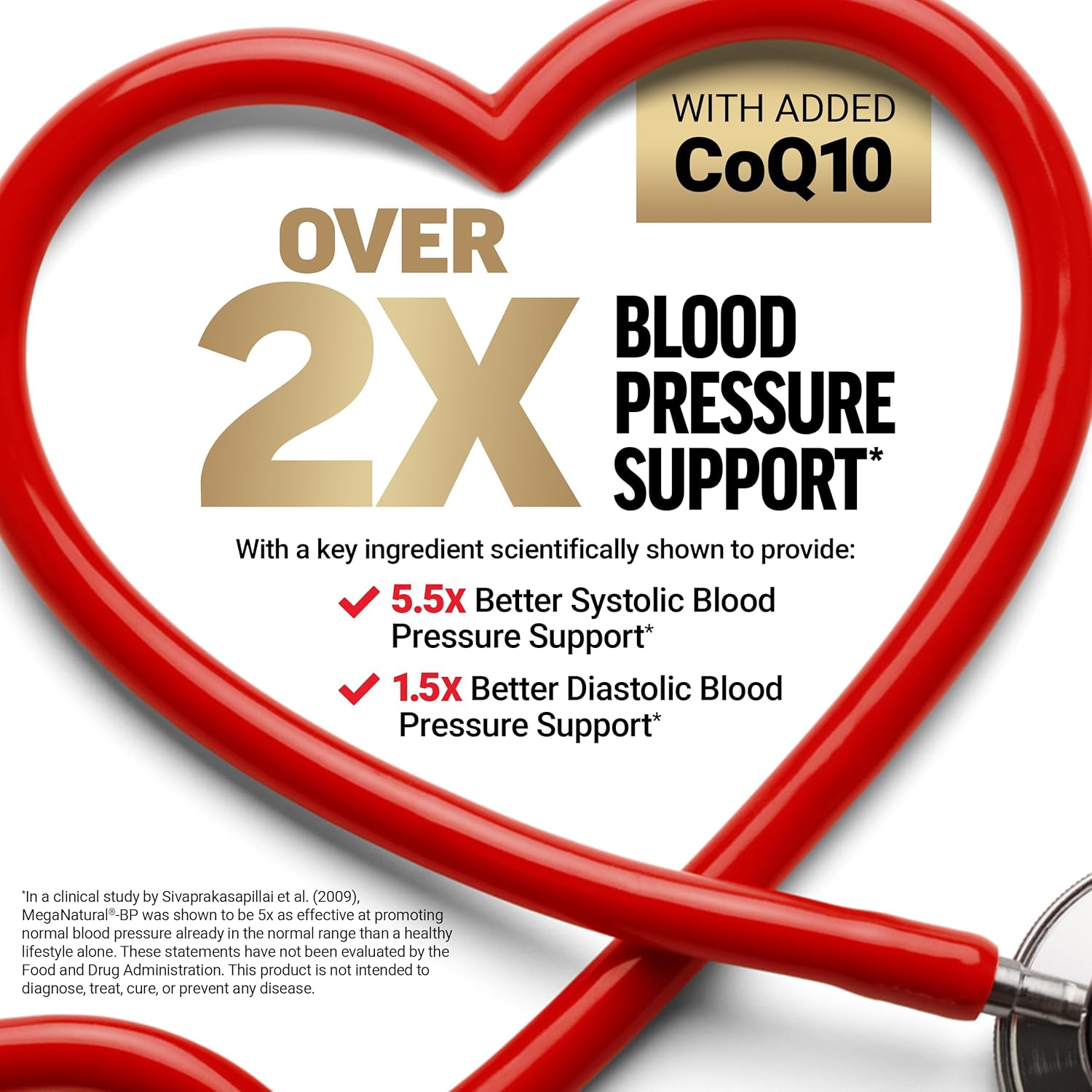 Heart-shaped design with stethoscope, CoQ10 text, and blood pressure support claims on a white background.