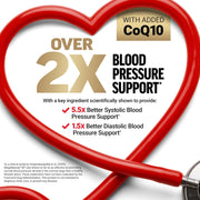 Heart-shaped design with stethoscope, CoQ10 text, and blood pressure support claims on a white background.