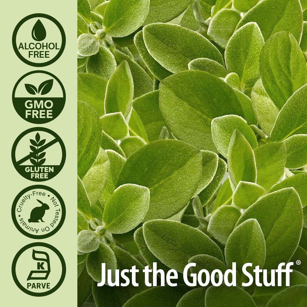 Green leafy plant with certification icons and 'Just the Good Stuff' branding on a green background