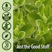 Green leafy plant with certification icons and 'Just the Good Stuff' branding on a green background