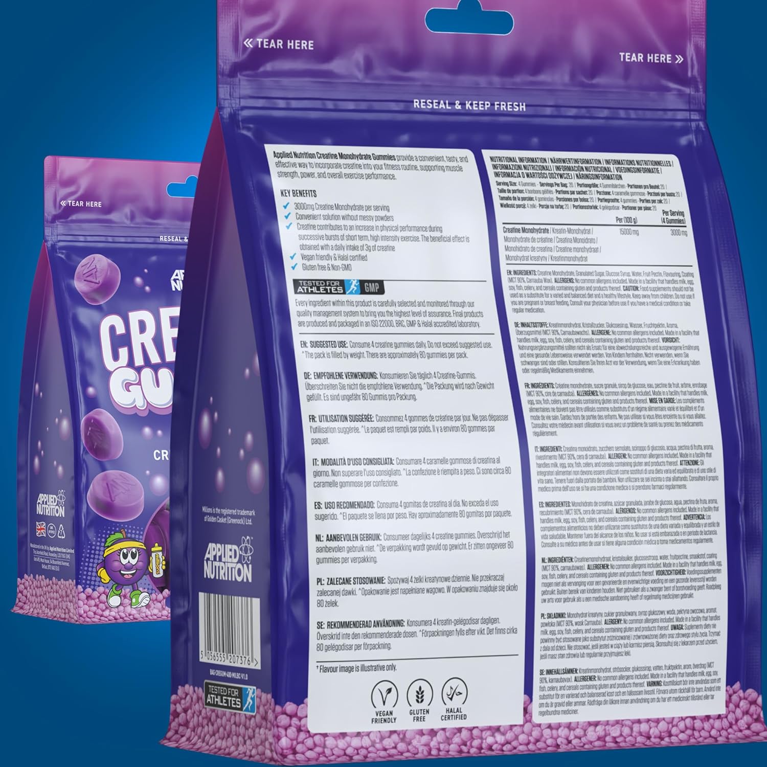 Supplement facts & ingredients image: Applied Nutrition creatine gummies ingredients label 80 count