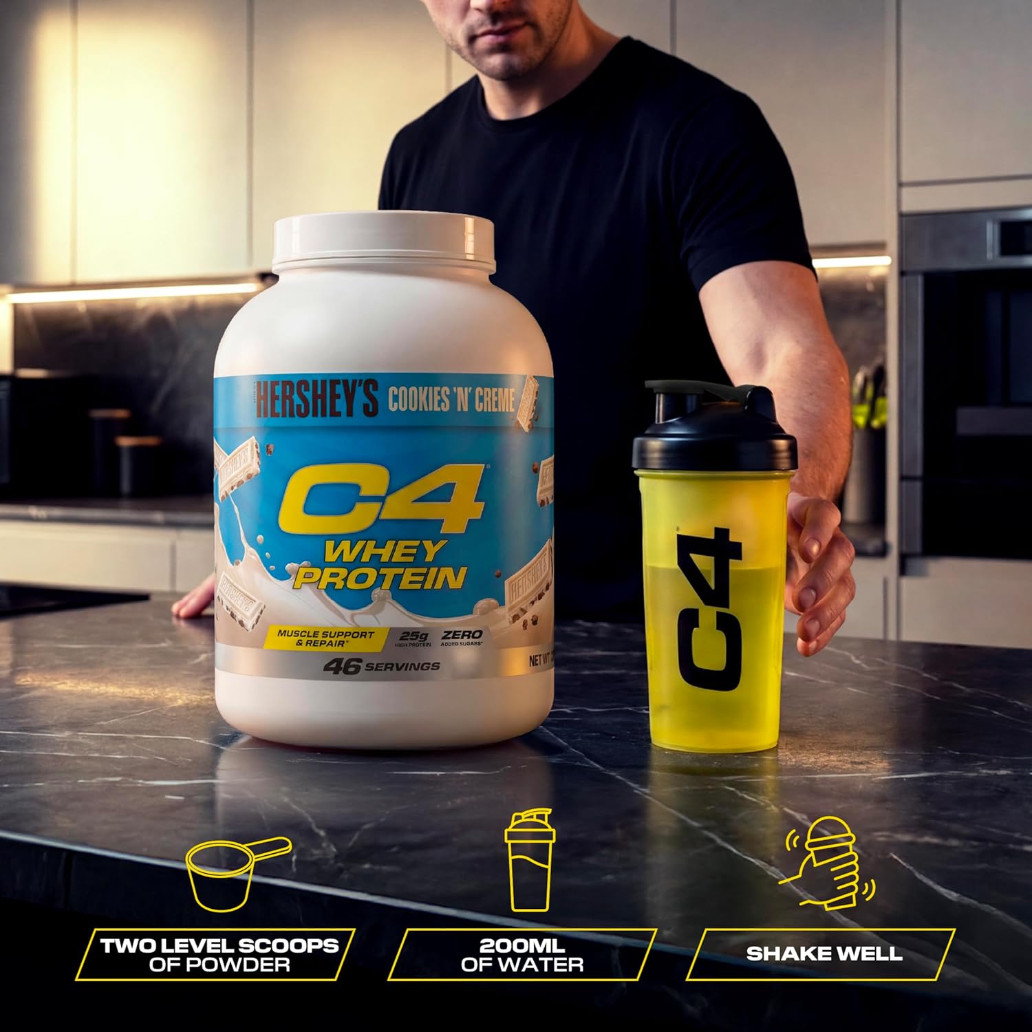 How to Use Image: Cellucor C4 whey protein mixing scoop cookies cream 1.61kg
