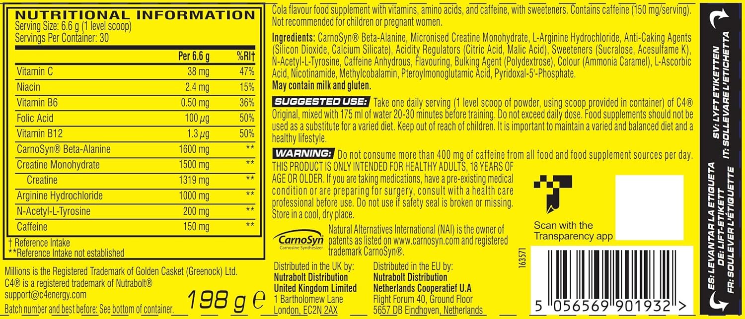 Nutritional information label on a supplement container with a yellow background.