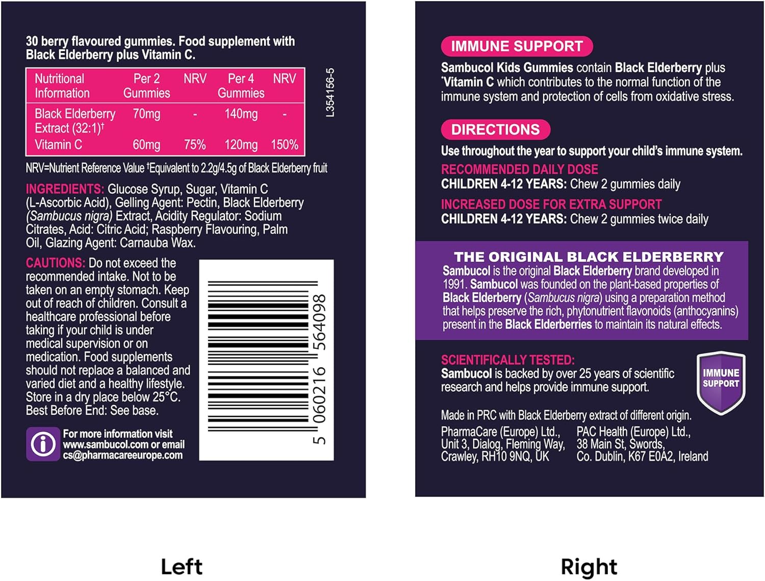 Two labels from a Sambucol Black Elderberry product packaging, one on the left and one on the right.