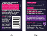 Two labels from a Sambucol Black Elderberry product packaging, one on the left and one on the right.