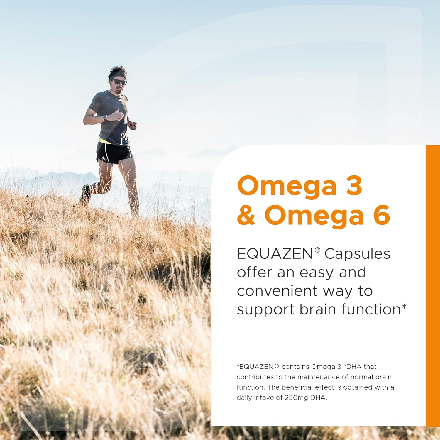 Person running on a hill with Equazen advertisement about Omega 3 and Omega 6 capsules.