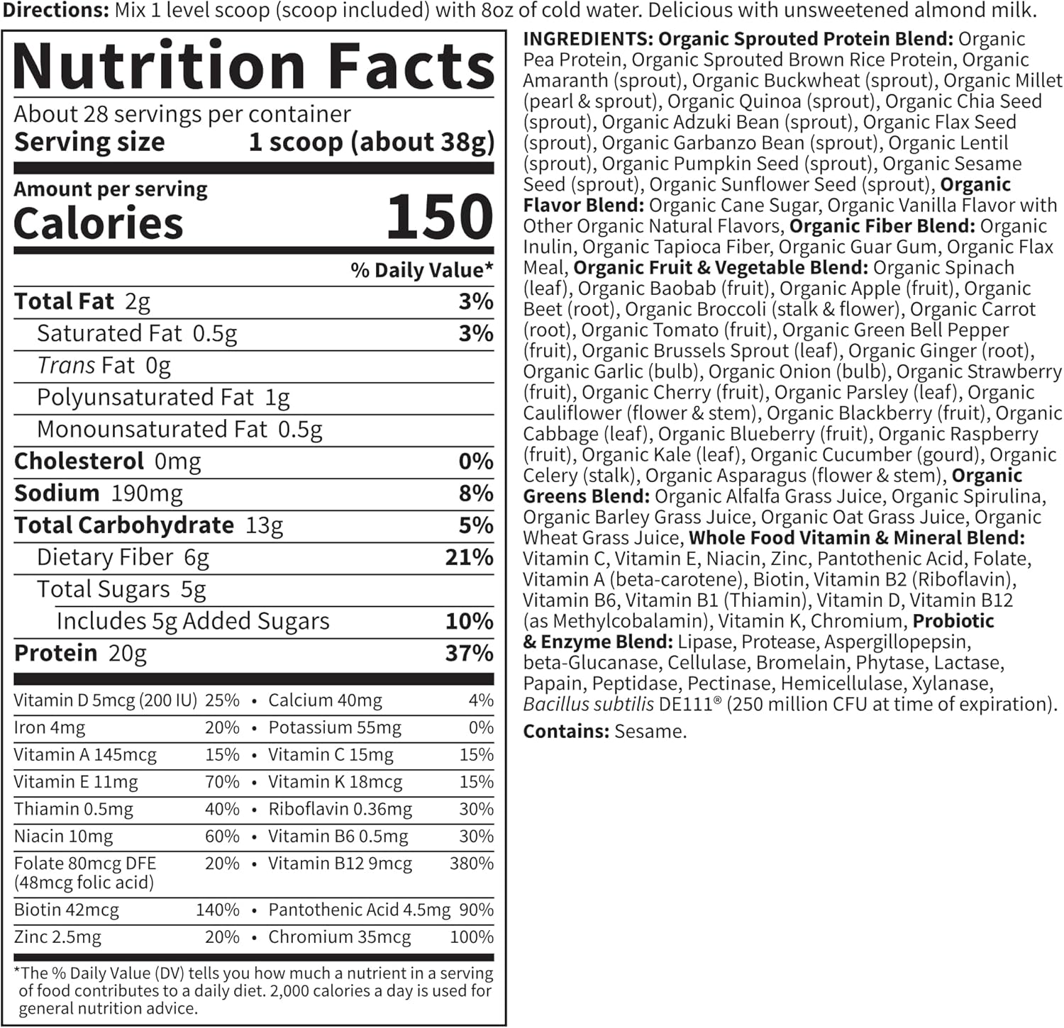 Nutrition facts and certifications for RAW Organic Meal.
