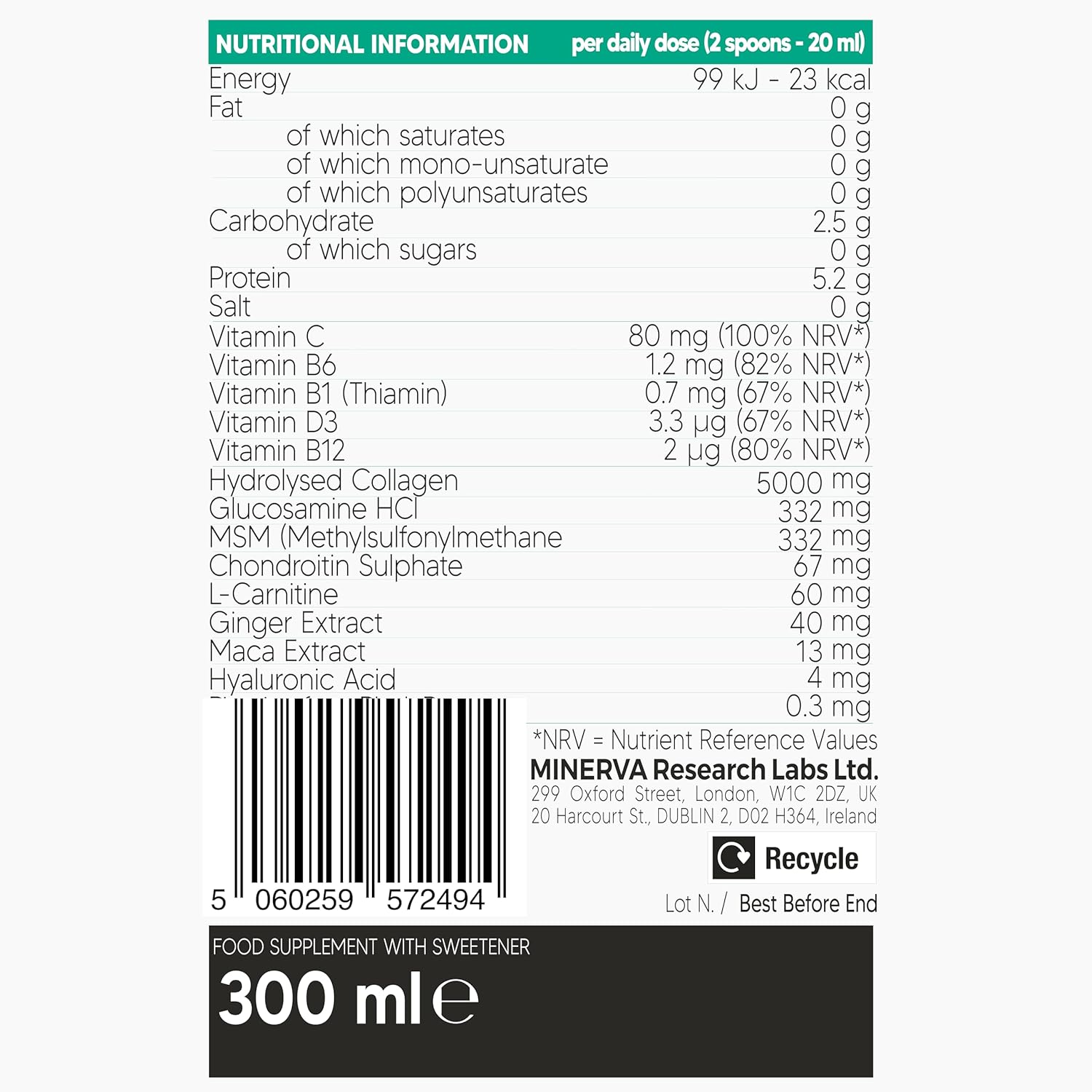 Ingredients, barcode and directions for Collagen Superdose liquid joint support.