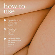 Instructions on how to use an oil with a close-up of skin.