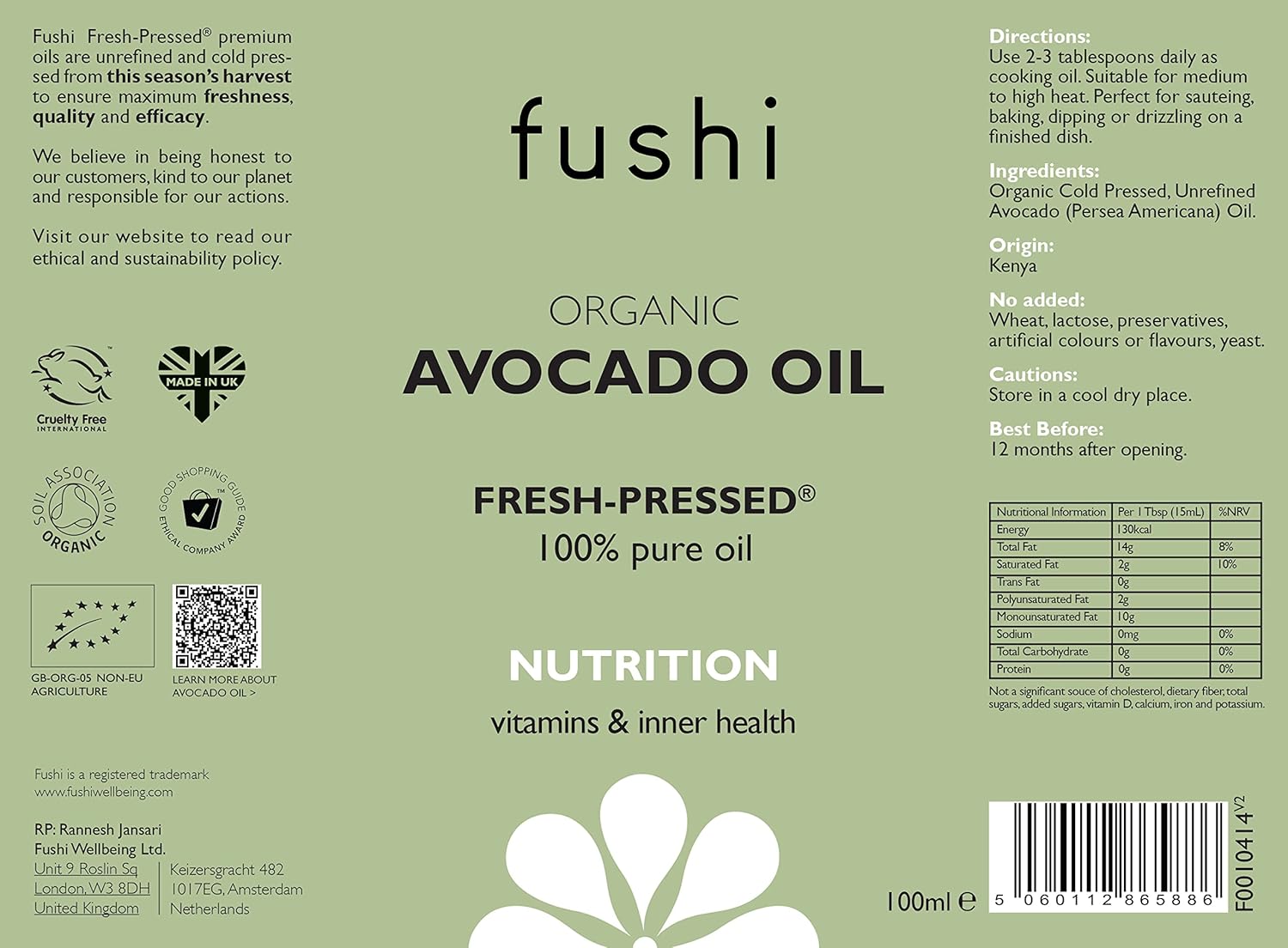 Fushi Organic Avocado Oil label with branding, product details, and nutrition information on a green background.