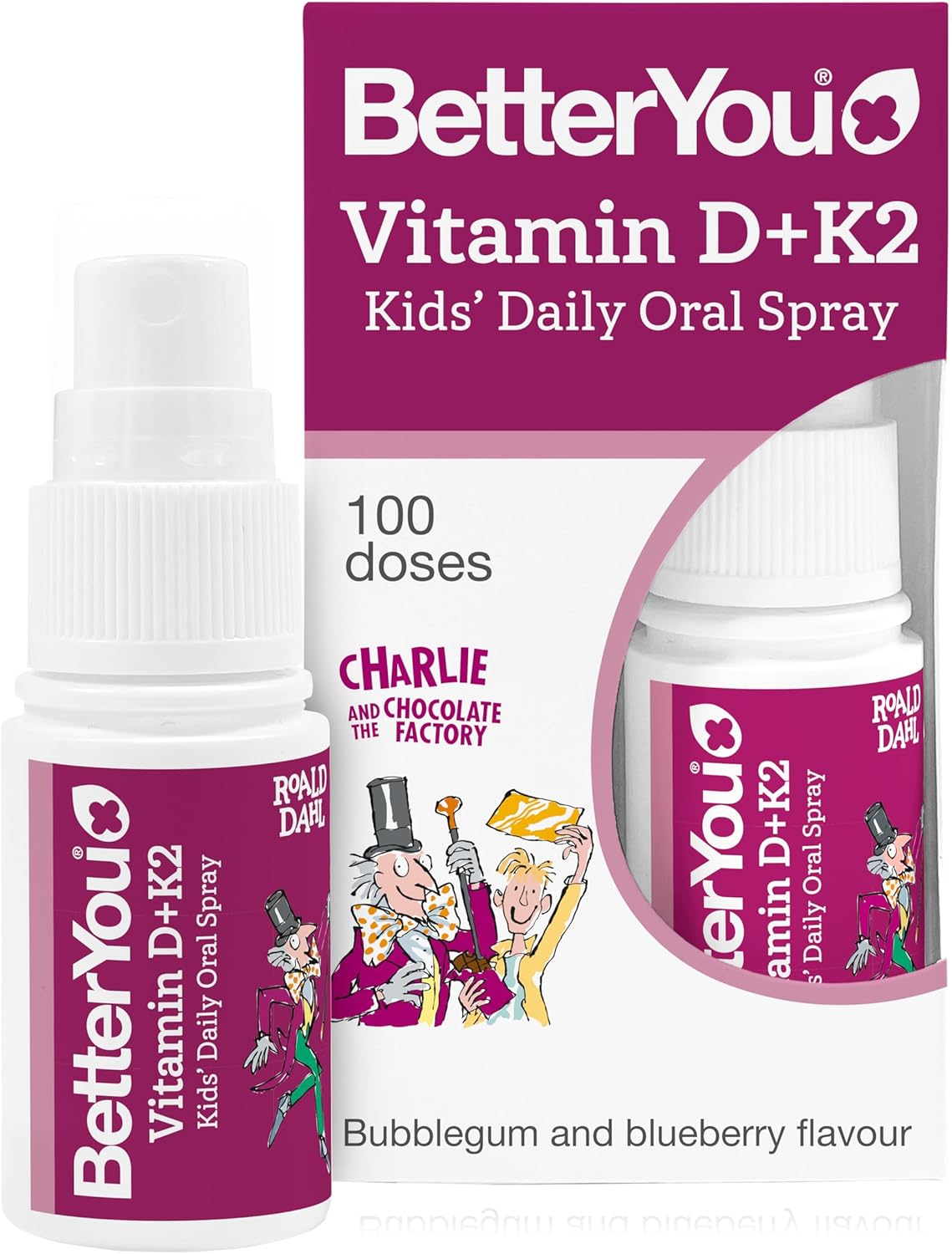 BetterYou Vitamin D + K2 Kids Oral Spray bottle & box, bubblegum blueberry flavour, 15ml.