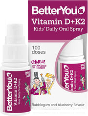 BetterYou Vitamin D + K2 Kids Oral Spray bottle & box, bubblegum blueberry flavour, 15ml.