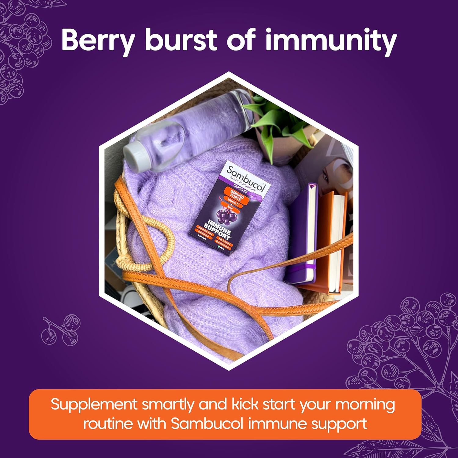 Sambucol immune support product in a basket with text about immunity support on a purple background