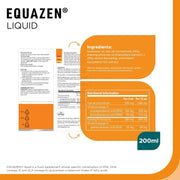 Equazen Liquid supplement packaging with ingredients and nutritional information on an orange and white background.
