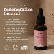 Fushi Organic Rosehip Oil bottle with product details on a brown background