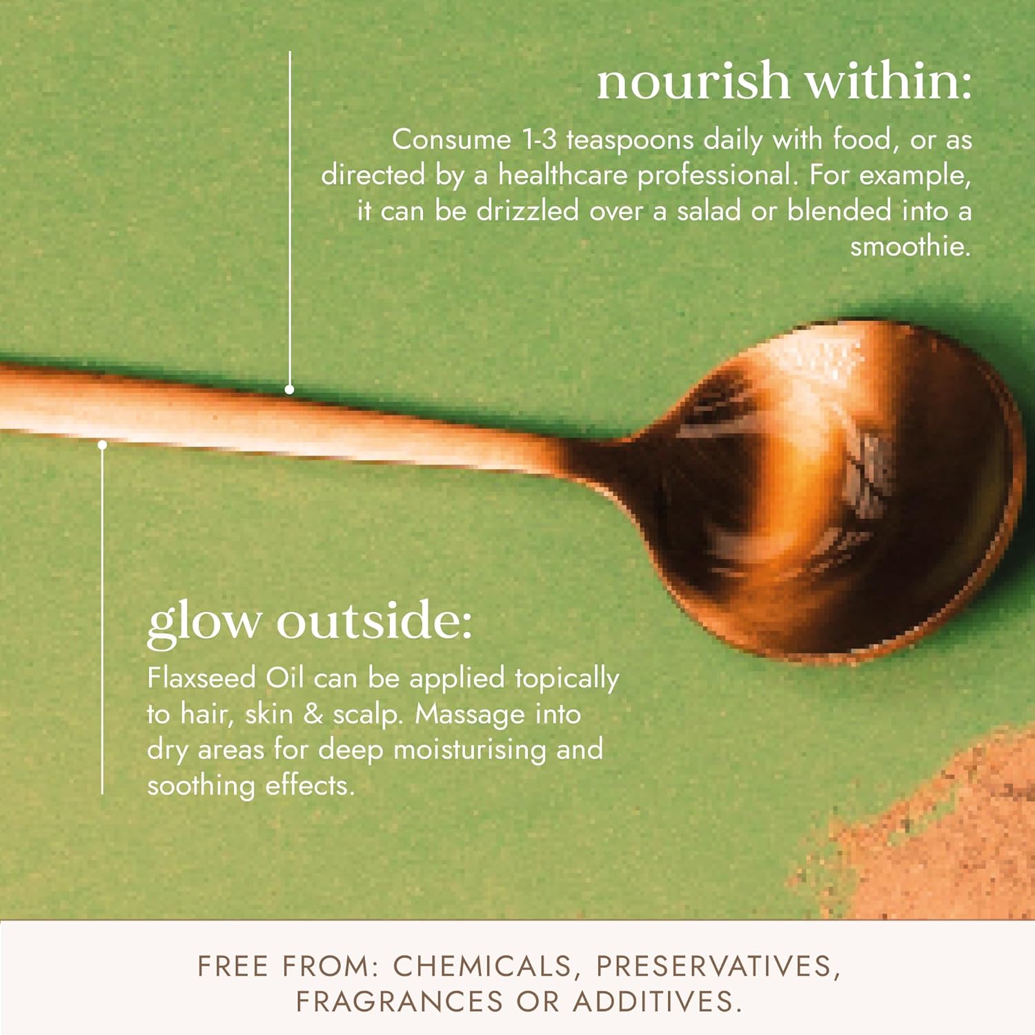 Wooden spoon with flaxseed oil on a green background, text about consumption and application.