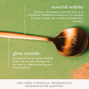 Wooden spoon with flaxseed oil on a green background, text about consumption and application.