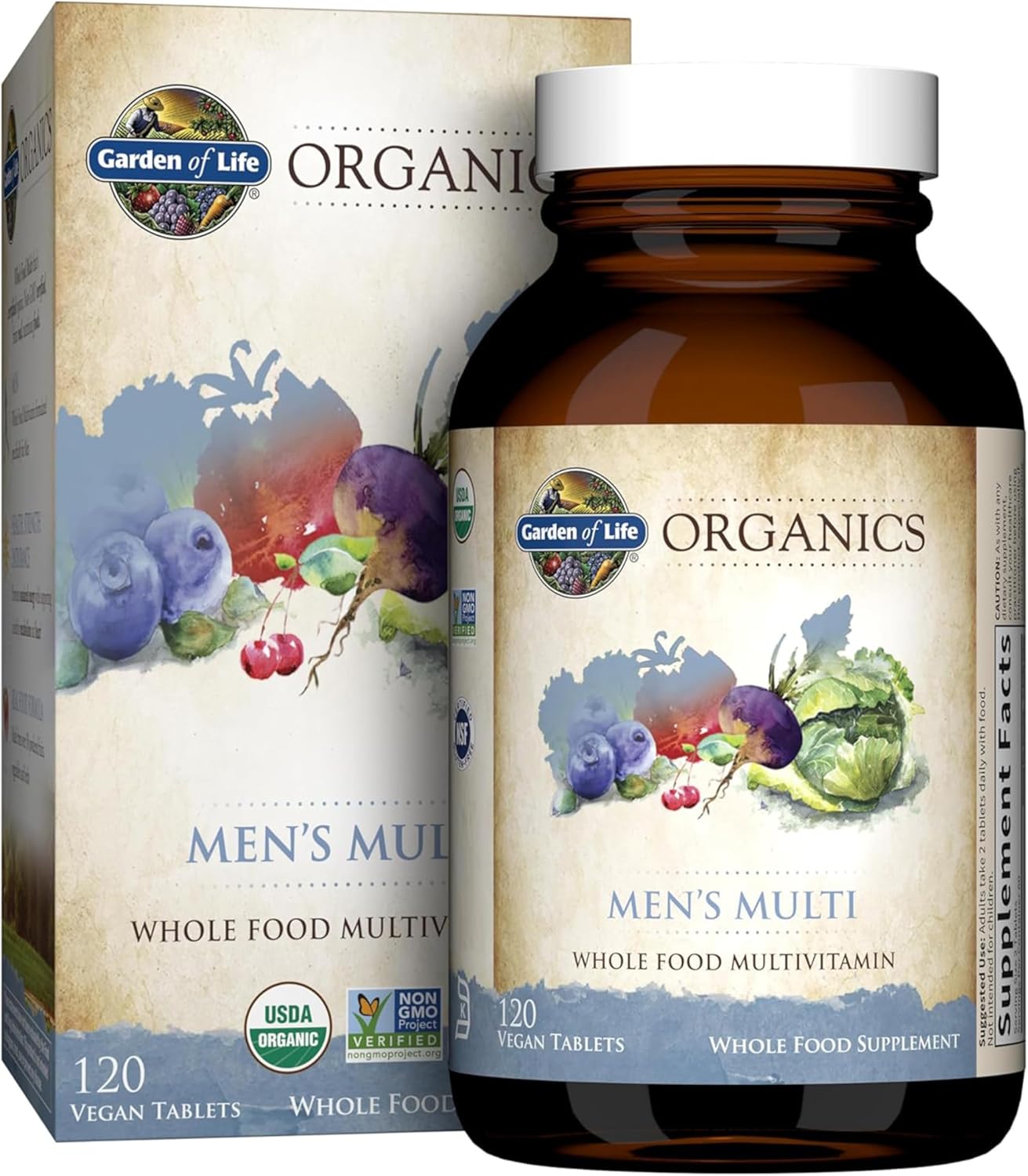 Garden of Life Organics Whole Food Multivitamin for Men bottle & box, 120 vegan tablets