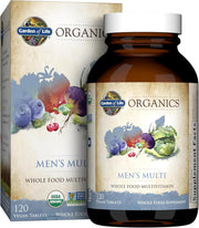 Garden of Life Organics Whole Food Multivitamin for Men bottle & box, 120 vegan tablets
