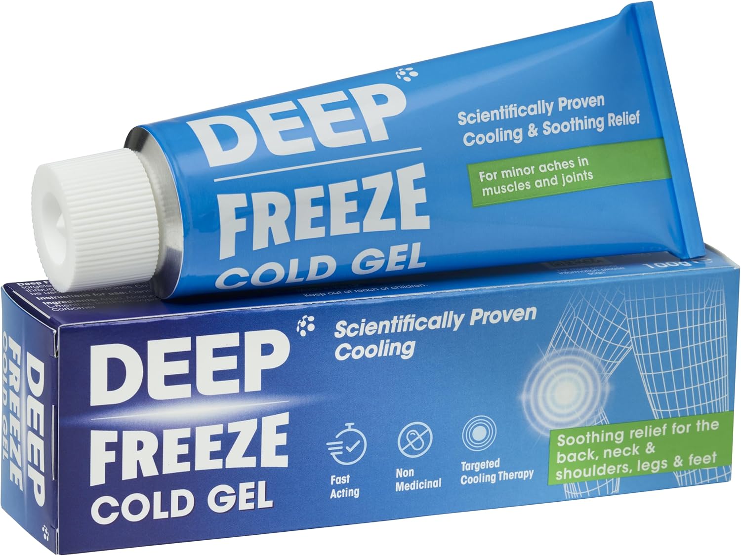 Deep Freeze Cold Gel 100g tube & box, blue and white packaging, on white background.