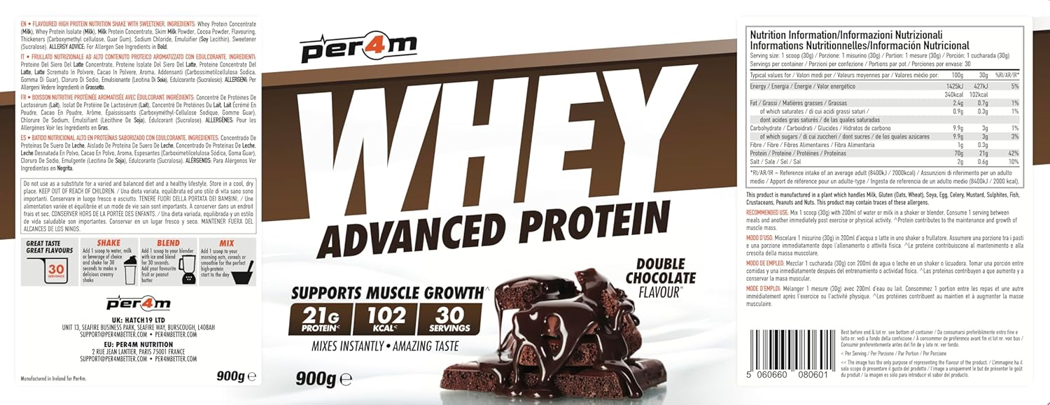 Whey protein package with 'per4m' branding on a white background