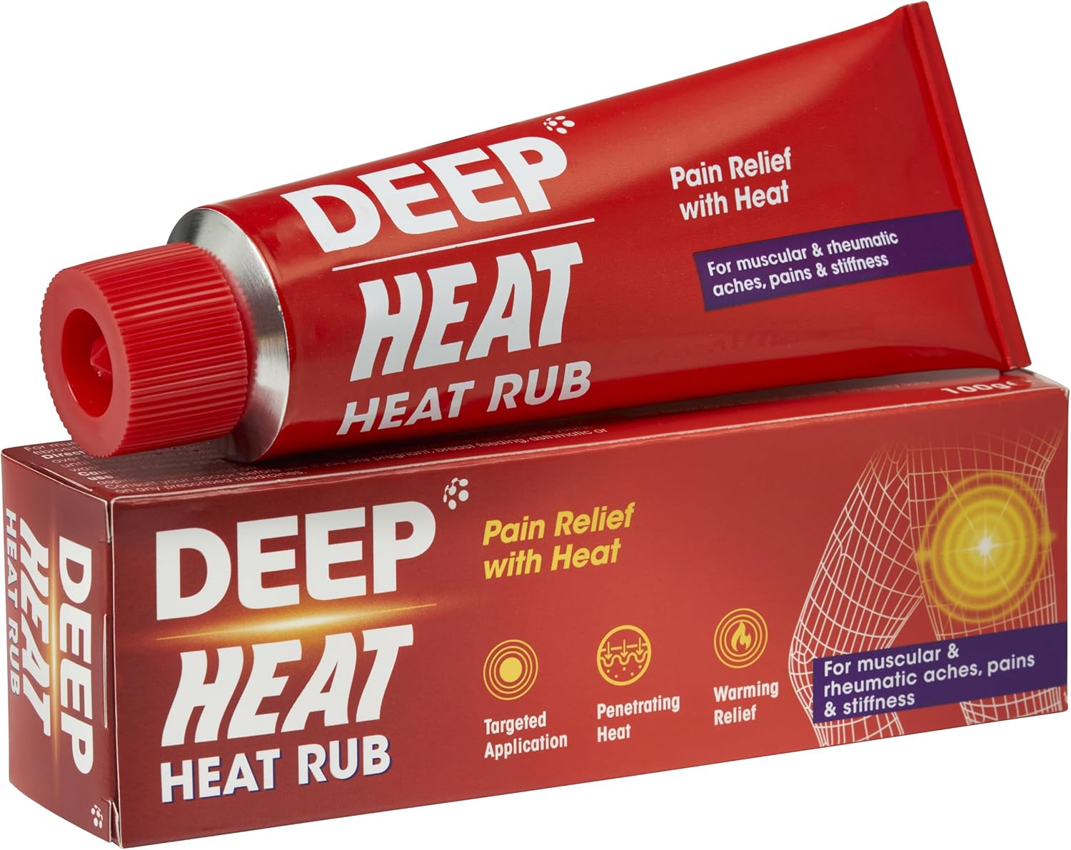 Deep Heat Warming Rub 100g tube & box, red packaging, on white background.