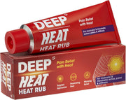 Deep Heat Warming Rub 100g tube & box, red packaging, on white background.