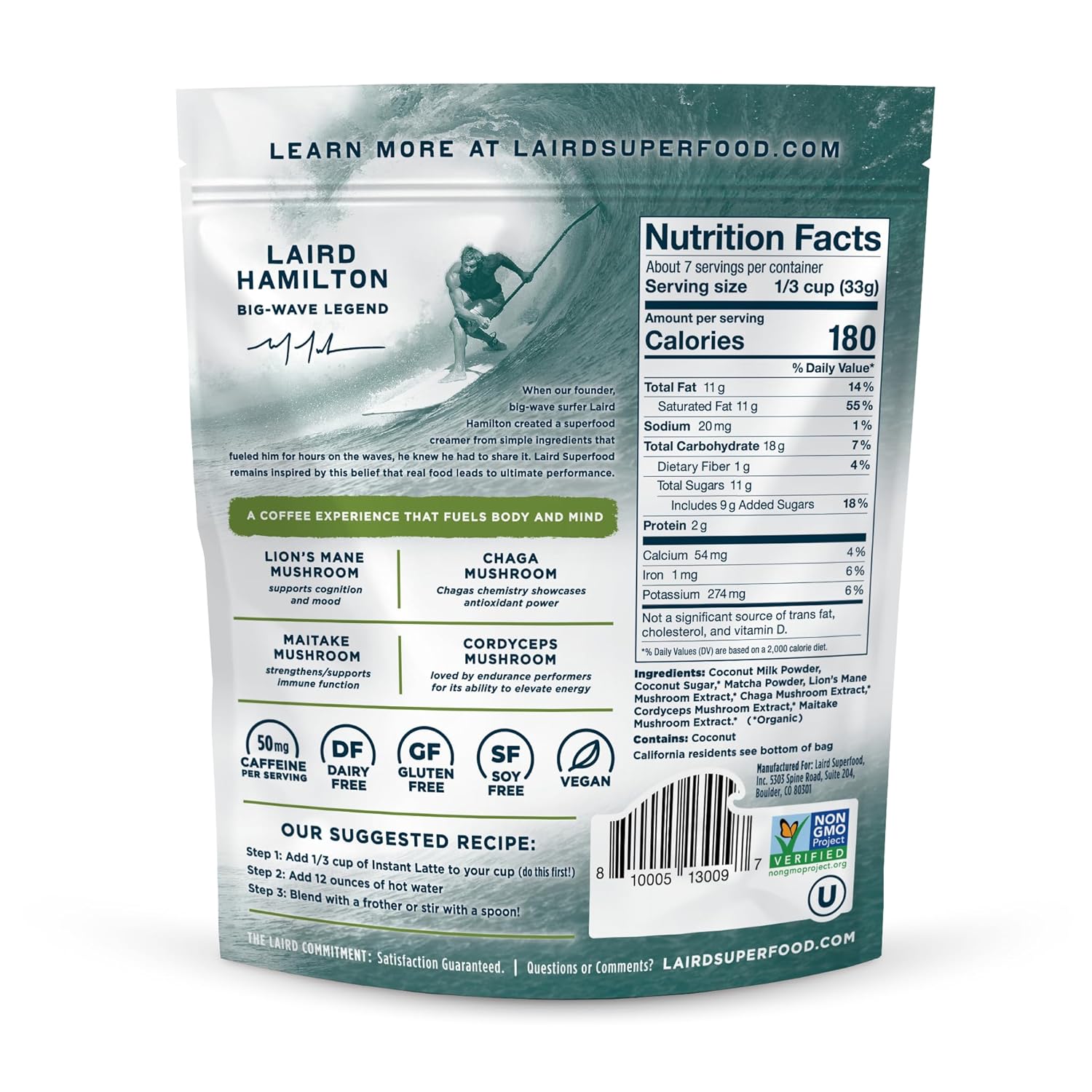 Laird Superfood matcha latte ingredients, barcode & nutrition facts label 227g on white background