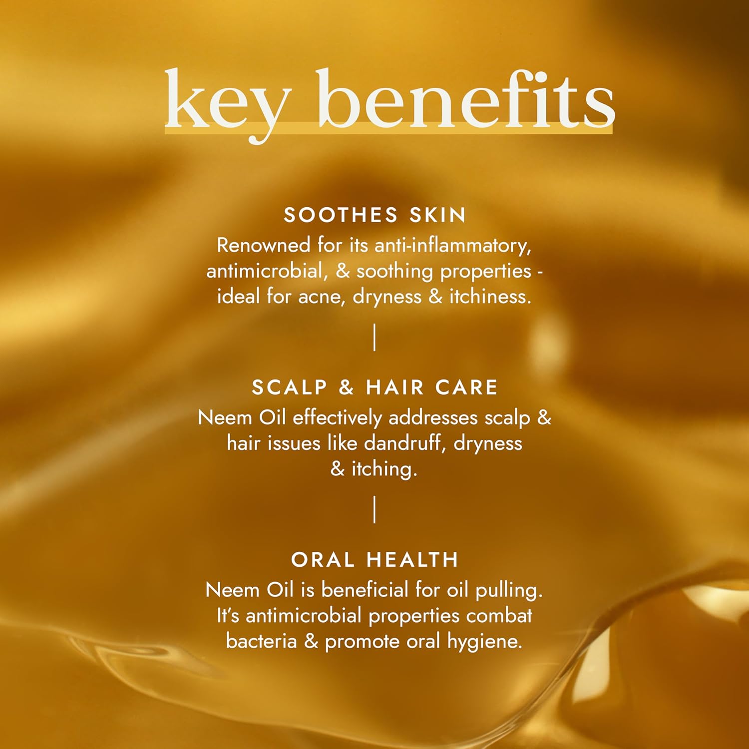 Key benefits of Neem oil on a blurred background with text detailing its uses.