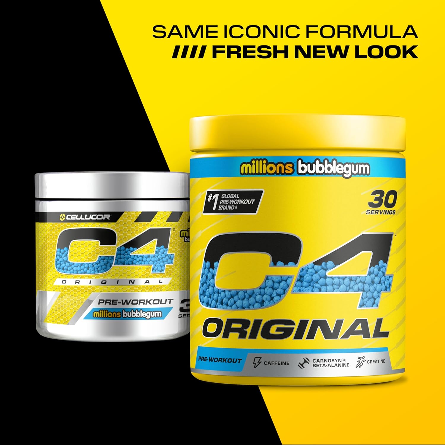 Two containers of C4 Original pre-workout supplement with a yellow and black background.