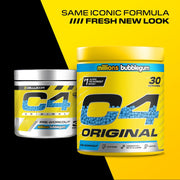 Two containers of C4 Original pre-workout supplement with a yellow and black background.