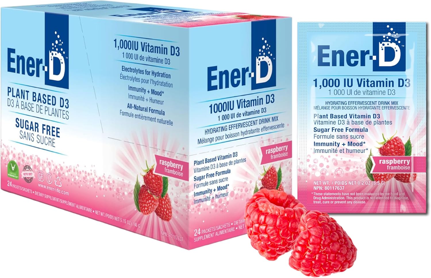 Ener-D Sugar Free Raspberry vitamin D powder mix box front label 24 sachets on white background