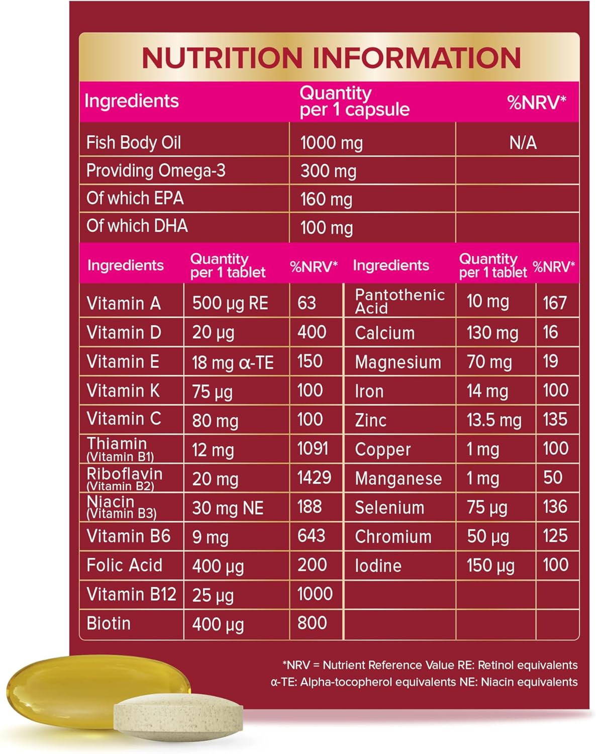 Nutritional info, ingredients, and directions on the Seven Seas Duo Pack.