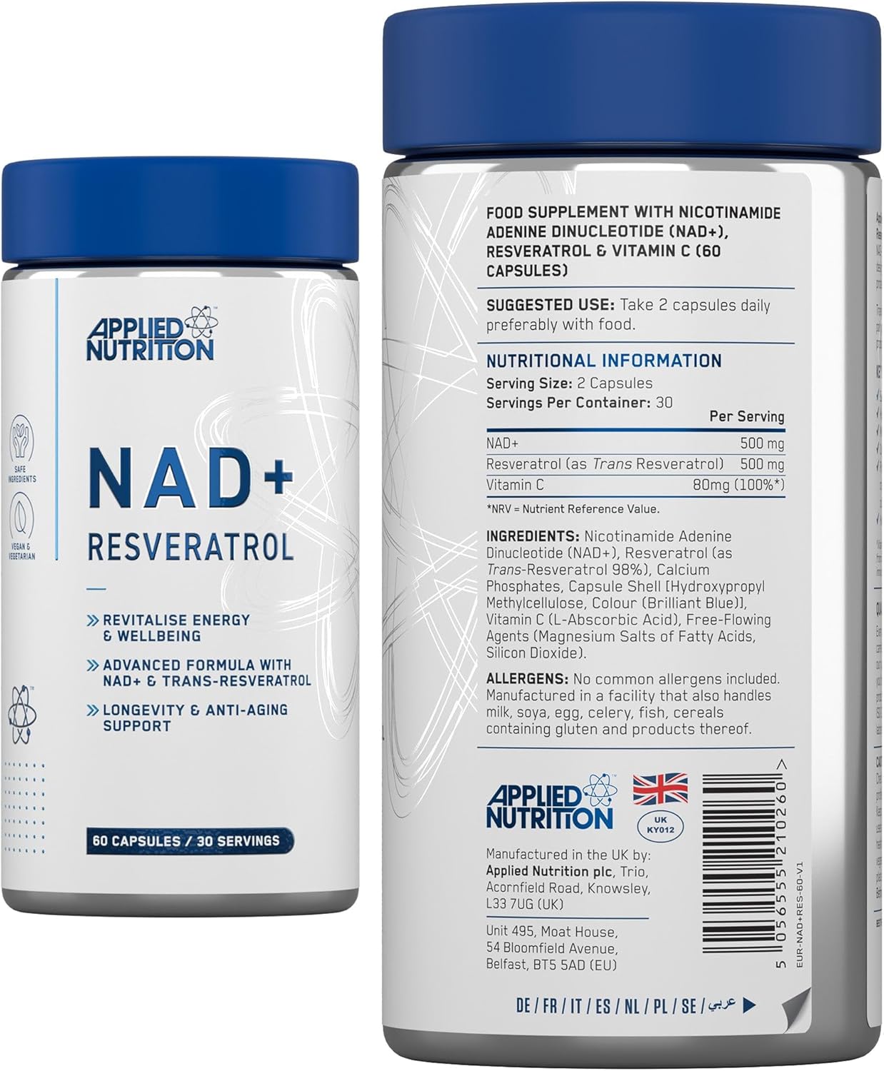 Barcode and product details for Applied Nutrition supplement.