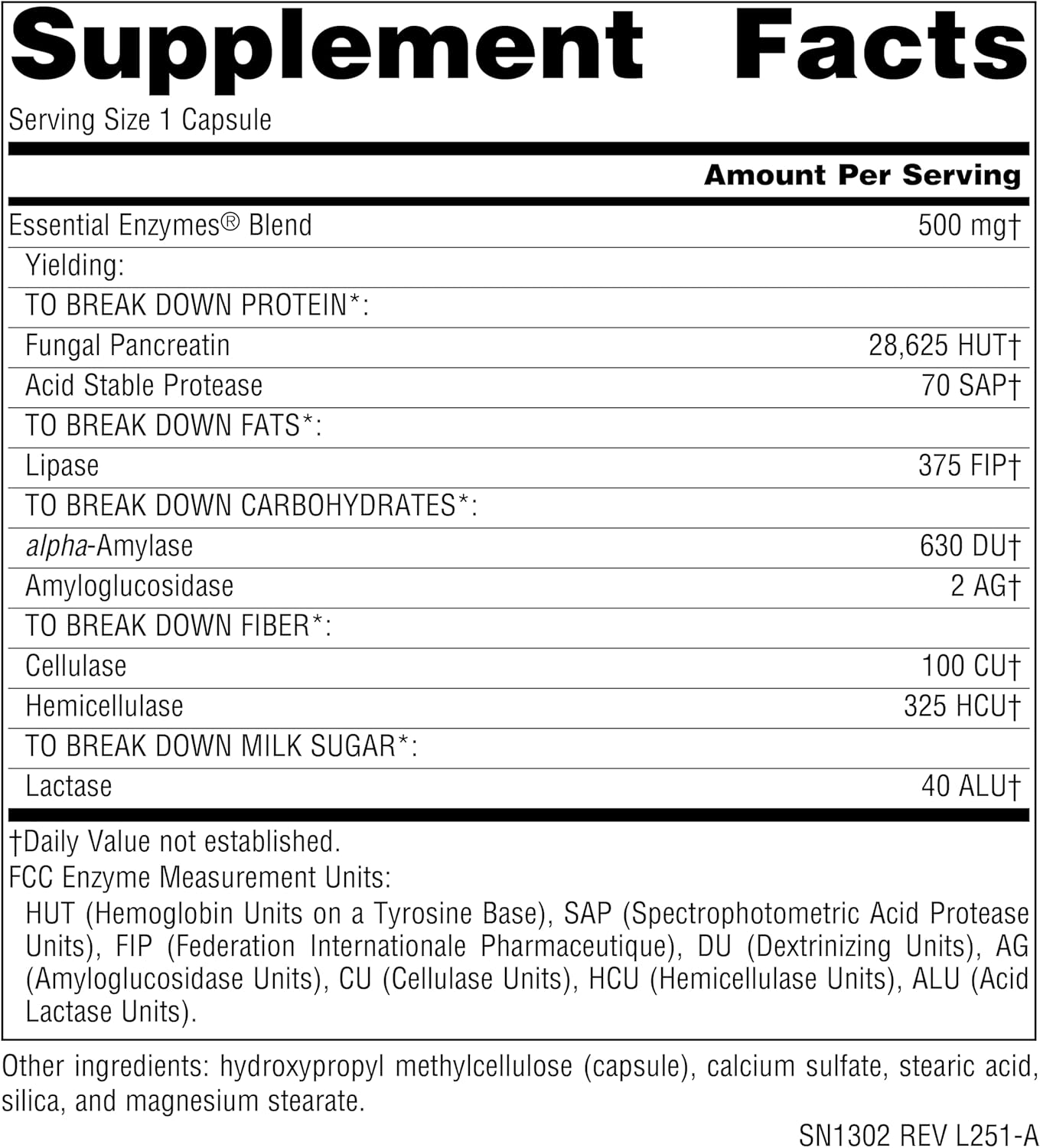 Supplement facts & ingredients image: Source Naturals Essential Enzymes 500mg vegetarian capsules ingredient panel 120 count