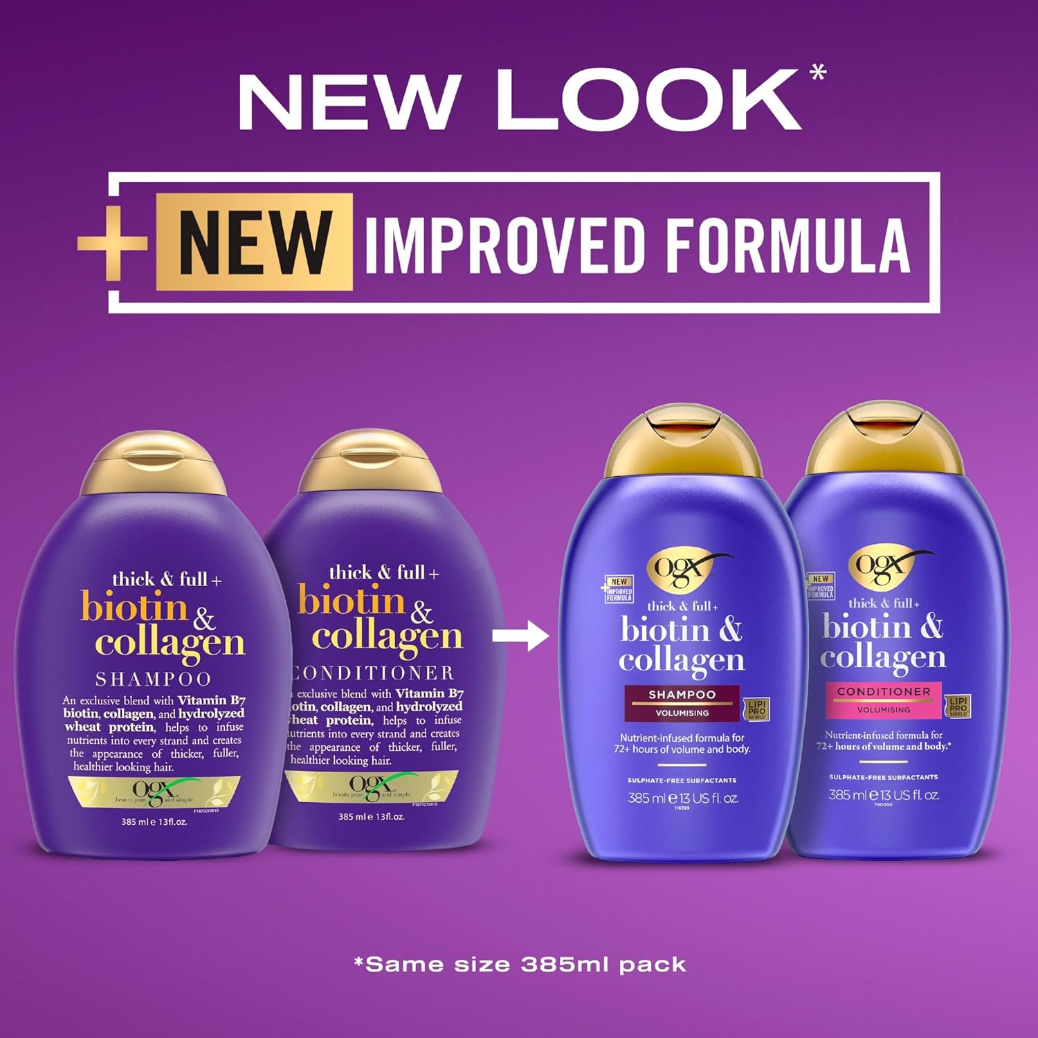 OGX Thick & Full Biotin and Collagen Shampoo - 385ml. Old & new packaging.