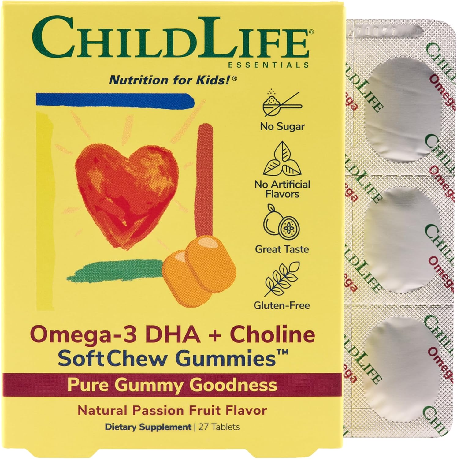 ChildLife Essentials Omega-3 DHA + Choline SoftChew Gummies tablets passion fruit flavour blister pack 27 tablets