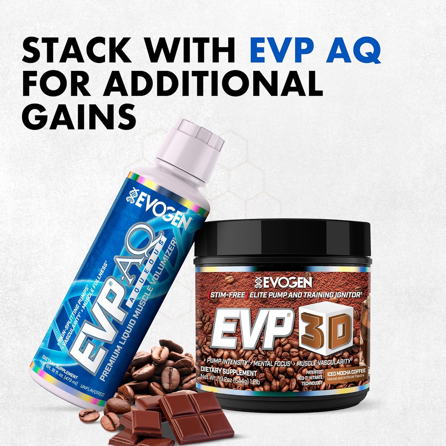 Evogen EVP-3D Pre-Workout Iced Mocha Coffee - 544g & EVP AQ.