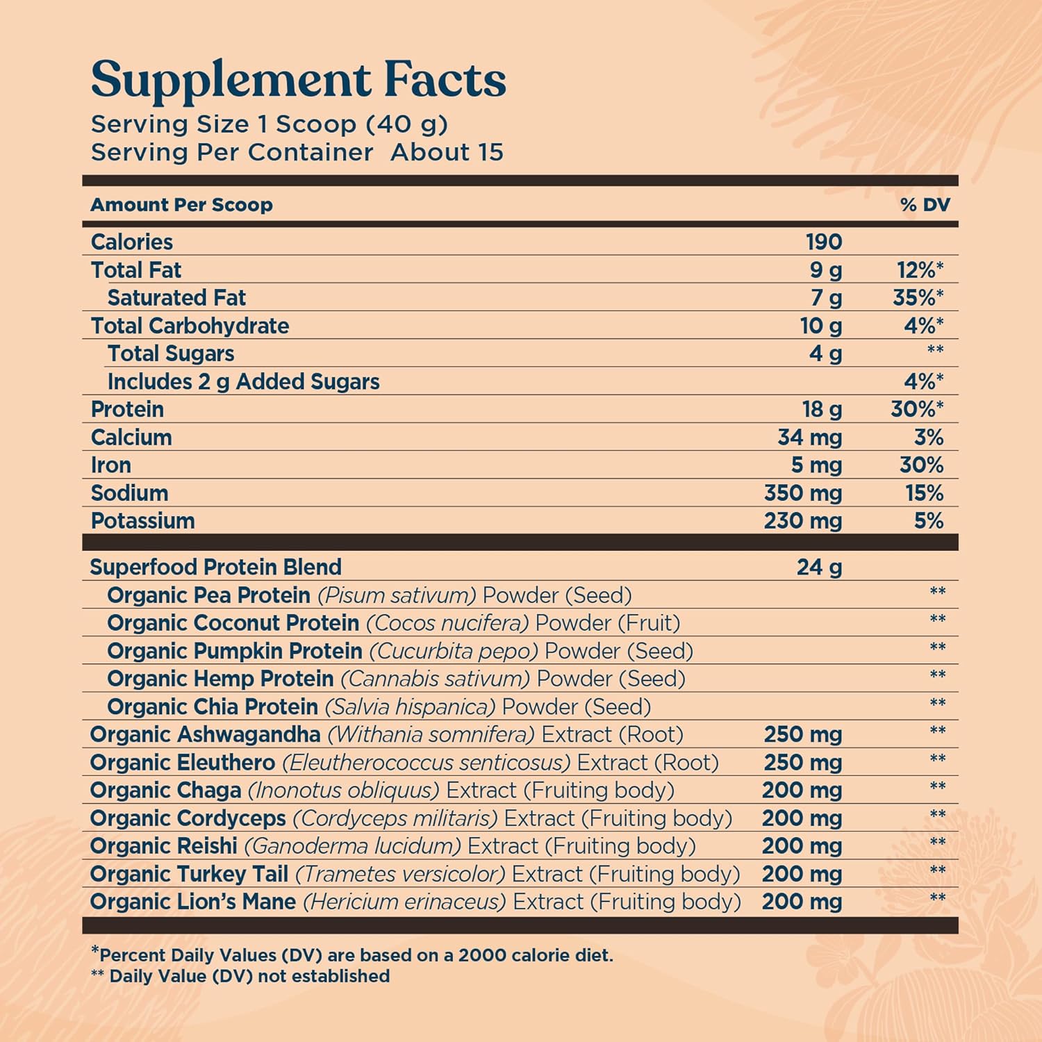 Four Sigmatic vanilla protein powder ingredients and product information panel on packaging