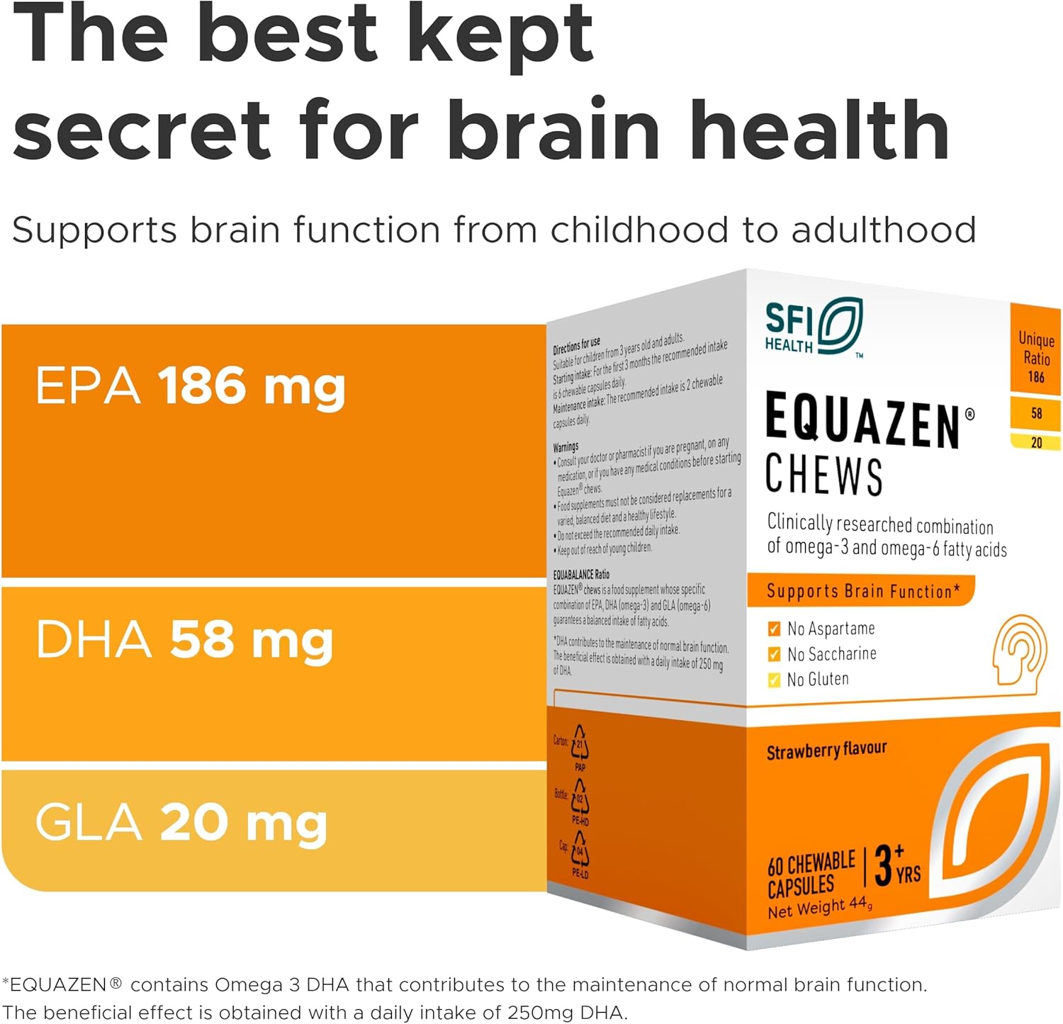 EQUAZEN CHEWS supplement packaging with nutritional information on a white background