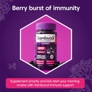 Sambucol immune support gummies bottle on a purple background with text about immunity support.