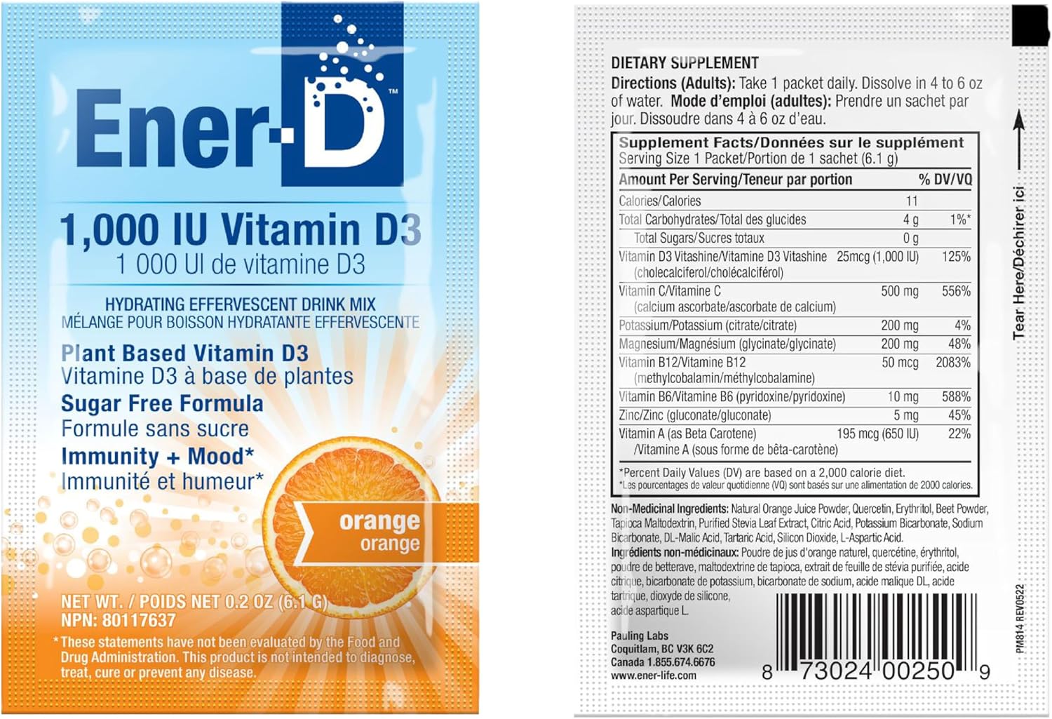 Ener-D Sugar Free Orange vitamin D powder mix front label 6.1g sachets with barcode