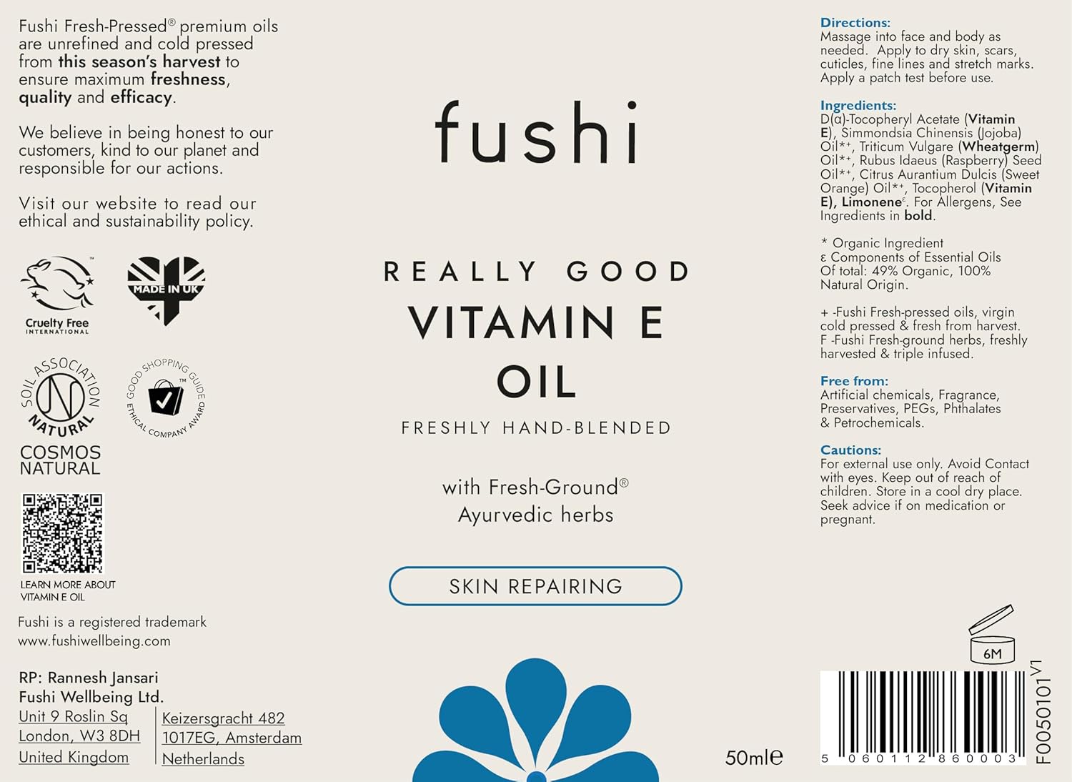 Fushi Really Good Vitamin E Oil packaging with branding and product details.