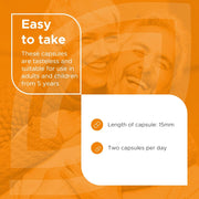 Orange background with text about tasteless capsules suitable for adults and children, including capsule dimensions and daily dosage.