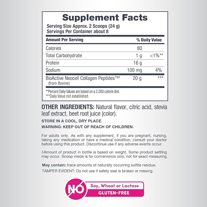 Nutrition label and ingredients for flavored collagen peptides powder supplement.